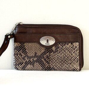 FOSSIL Key Per Leather Snakeskin Wristlet Wallet Card Holder Brown Strap